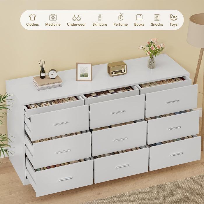 Dresser for Bedroom with 9 Drawers, 14.2"D X 59.1"W X 29.5"H, White