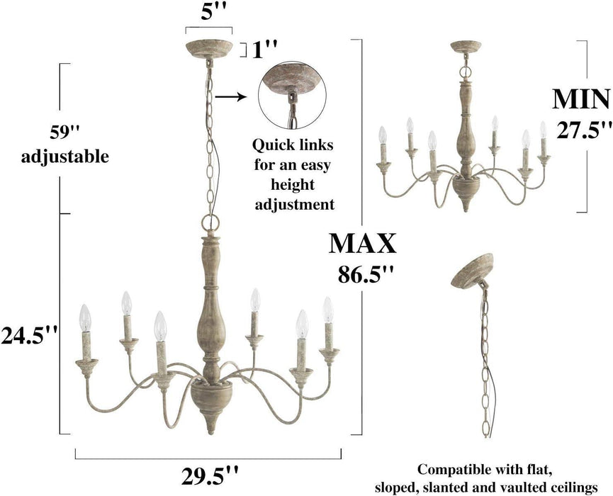 French Country Chandeliers Wood 6 Lights Rust Arms for Dining, Bedroom, Living Room and Bathroom, Brown Lamp Body Size:D29.5 Xh24.5