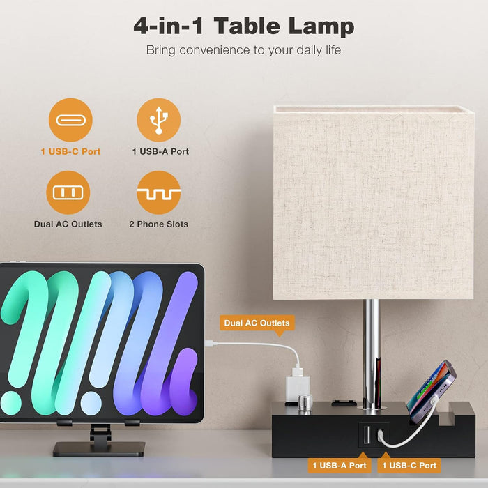 Beige Bedside Table Lamps Set of 2 - Dimmable, USB C+A, 2 AC Outlets