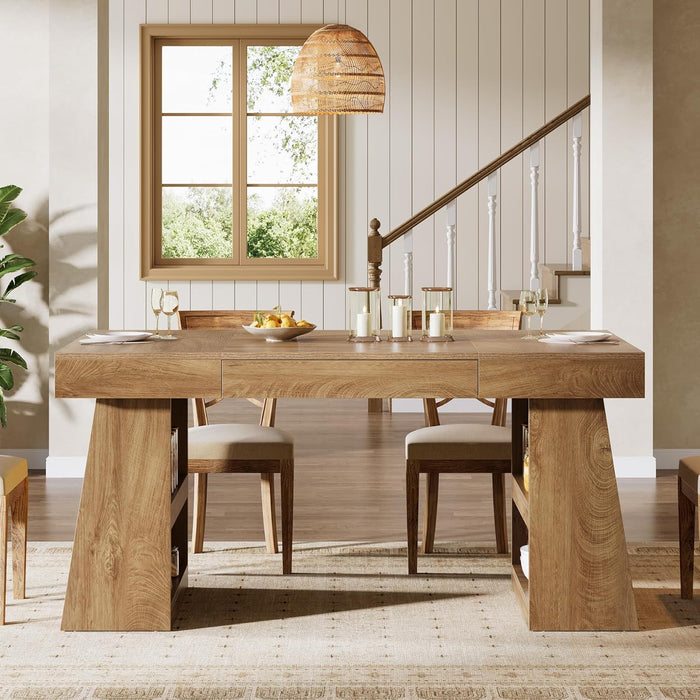 Dining Table for 4-6 People, 55-Inch Wooden Kitchen Table for Dinner with Storage Drawer and Shelves, Farmhouse Rectangle Furniture for Dining Room, Kitchen, Home, Brown