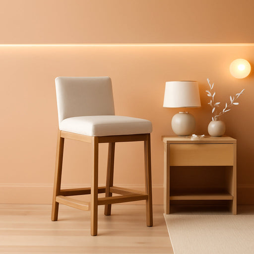 Gracie Modern Counter Height Bar Stool with Back, Counter Stool Upholstered Chair with Natural Flax White Fabric and Brushed Wooden Legs, Natural Flax/Brown, Set of 4