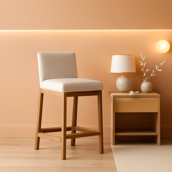 Gracie Modern Counter Height Bar Stool with Back, Counter Stool Upholstered Chair with Natural Flax White Fabric and Brushed Wooden Legs, Natural Flax/Brown, Set of 4