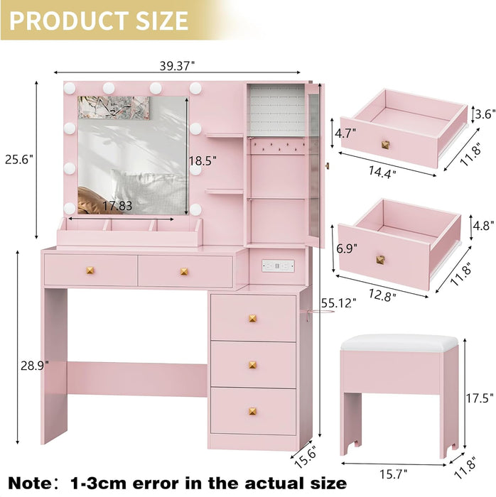 Vanity Desk with Mirror and Lights, Makeup Vanity Table Set with 5 Storage Drawers, Power Outlet & Chair, Small Dressing Table with RGB Ambient Light, Adjustable Brightness for Girls Bedroom, Pink