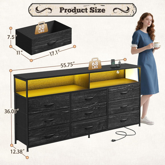 55" W Dresser for Bedroom with 9 Drawers LED TV Stand with Power Outlets for 45, 55, 65 Inch TV Sturdy Long Chest of Drawers with Extra 2 Wooden Shelves Steel Frame Grain Black