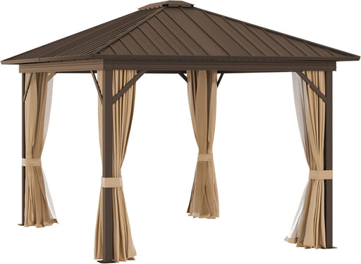 10' X 12' Hardtop Gazebo Canopy with Galvanized Steel Roof, Aluminum Frame, Permanent Pavilion with Top Hook, Netting and Curtains for Patio, Garden, Backyard, Deck, Lawn, Brown