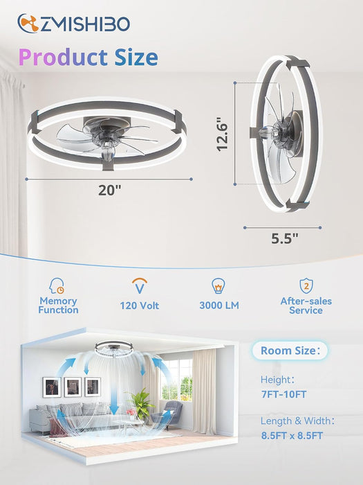 20" RGB Low Profile Ceiling Fans with Lights and Remote, Grey