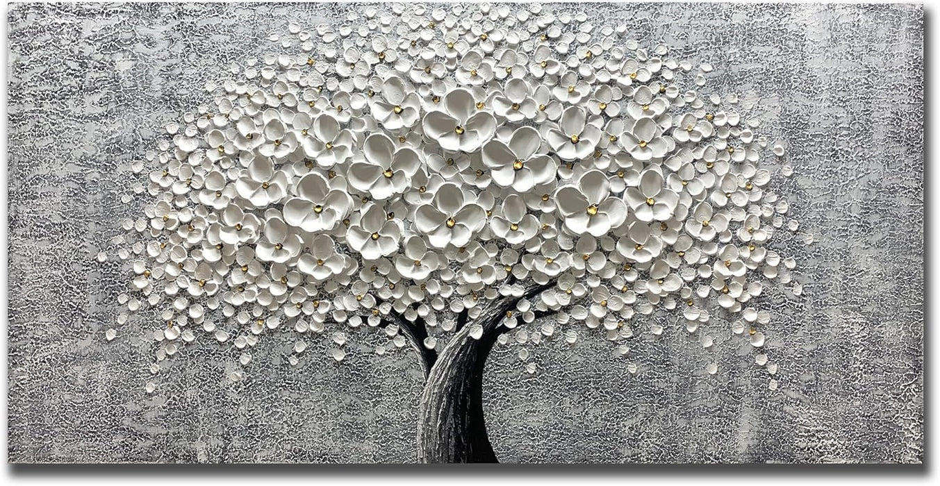 - 24X48 Inch 3D White Flower Painting Abstract Textured Knife Platte Acrylic on Canvas 3D Flowers Tree Painting Ready to Hang