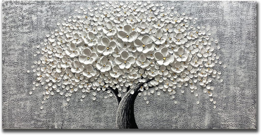 - 24X48 Inch 3D White Flower Painting Abstract Textured Knife Platte Acrylic on Canvas 3D Flowers Tree Painting Ready to Hang