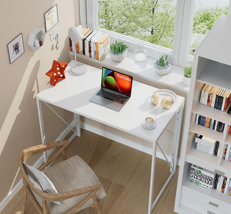 Small Folding Desk 31.5 Inch White Desks, No Assembly Required Computer Desk Spaces Saving Foldable Table for Bedroom, Home Office, Dorm, Apartment, Kids