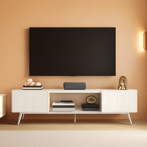Fluted TV Stand for 55 65 70 75 78 Inch TV, Modern Chic Entertainment Center for Tvs, Entertainment Center with Storage, Television Stands, TV Media Console for Bedroom, Living Room (White)