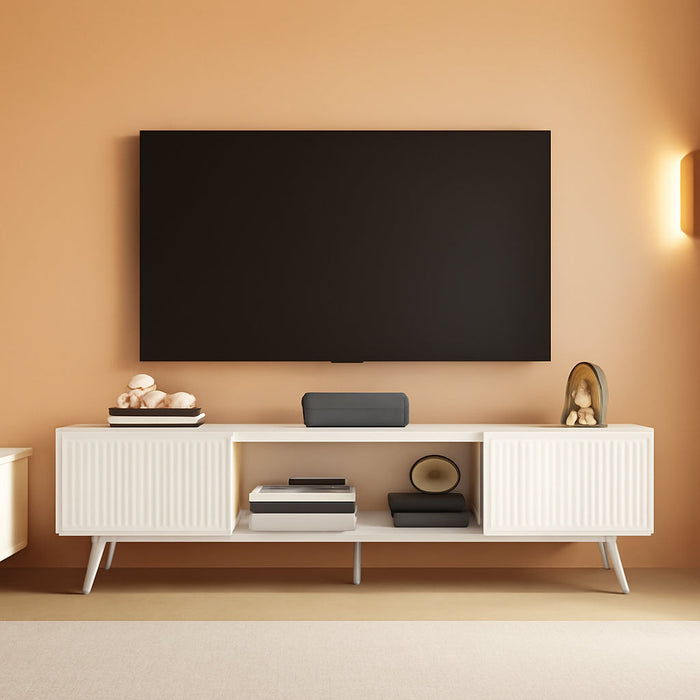 Fluted TV Stand for 55 65 70 75 78 Inch TV, Modern Chic Entertainment Center for Tvs, Entertainment Center with Storage, Television Stands, TV Media Console for Bedroom, Living Room (White)