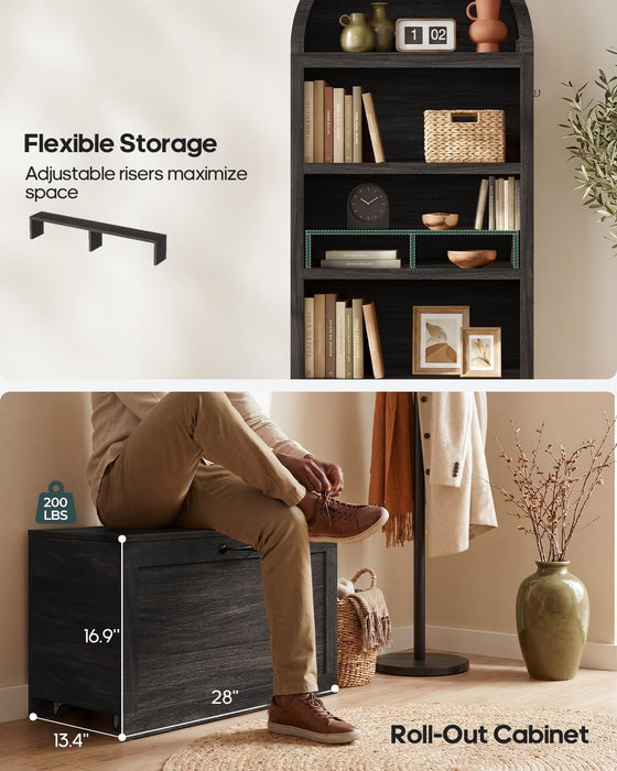 76.6" Arched Bookshelf with Rolling Storage Bench, Wood Tall Arch Bookcase | 5-Tier with Bookshelf Riser, Multi-Functional Display Cabinet, Bookshelf with Storage for Living Room, Entryway
