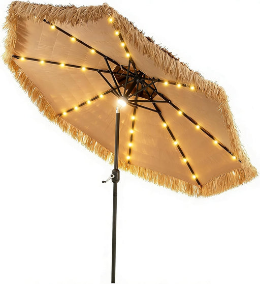 9 Ft Thatched Patio Umbrella, 2 Tier Hawaiian Style Grass Beach Umbrella with 32 Led Lights, Center Light, Solar Tiki Umbrella with 8 Ribs, Tilt Adjustment, Manual Crank for Backyard Pool