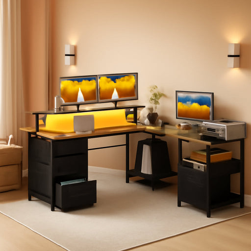 66" L Shaped Computer Desk, 113“ Reversible Home Office Desk with File Cabinet & 4 Fabric Drawers, Two Person Desk with LED Lights & Power Outlet, Corner Gaming Desk with Monitor Shelf, Vintage