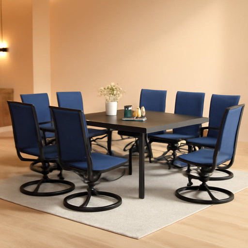 9-Piece Metal Outdoor Patio Dining Furniture Set 8 Sling Dining Swivel Chairs and 1 Expandable Outdoor Dining Rectangle Table, Blue