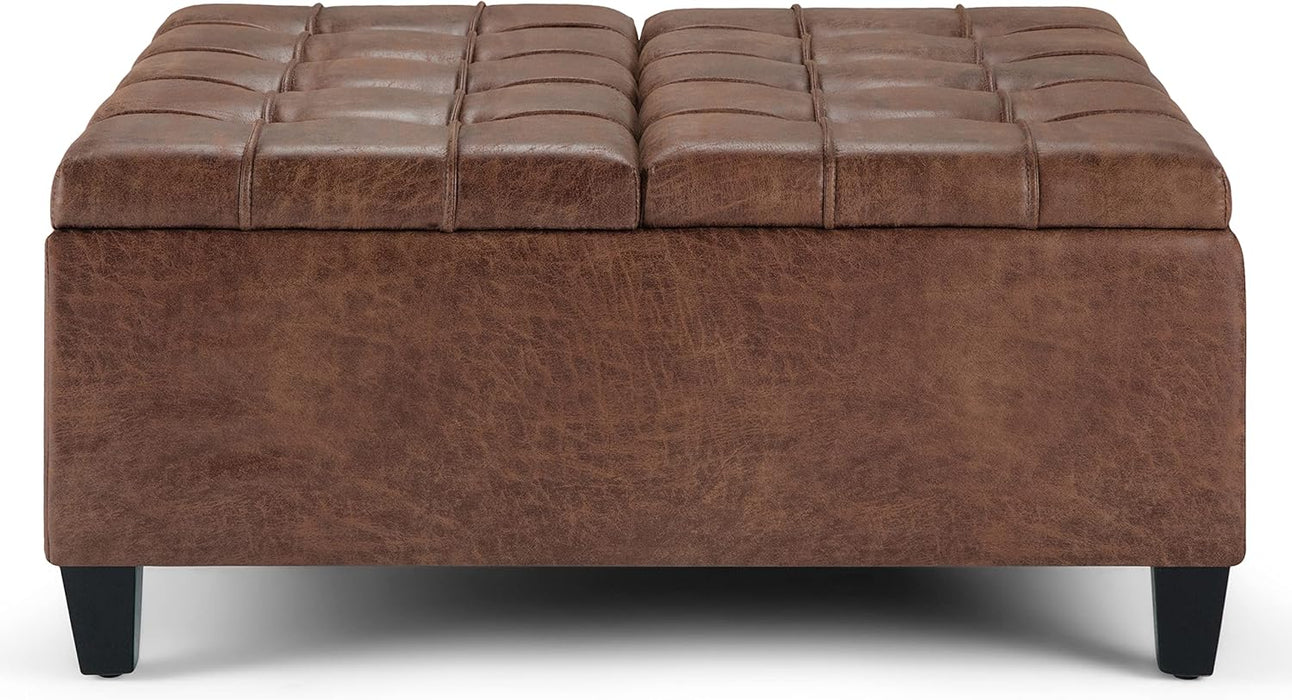 Harrison 36 Inch Wide Transitional Square Coffee Table Storage Ottoman in Distressed Umber Brown Vegan Faux Leather, Assembled, for the Living Room and Bedroom
