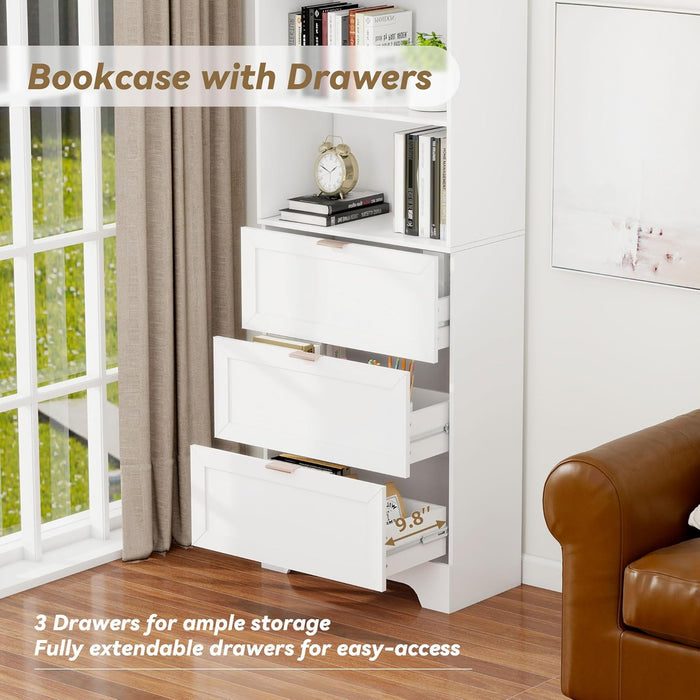 71" Tall Modern White Bookshelf with Storage 3 Drawers Freestanding Display Bookcase, Tall Book Shelf with Organizers and Storage, Display Case for Home Office, Living Room,Study,White