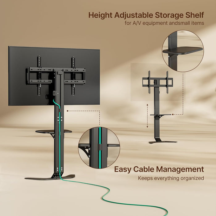 Ultra Slim Floor TV Stand for 37–86 Inch Tvs, Modern Curved Base with Shelf, Adjustable Height & Tilt, Space-Saving Design with Cable Management, Fits VESA 600X400Mm, Black