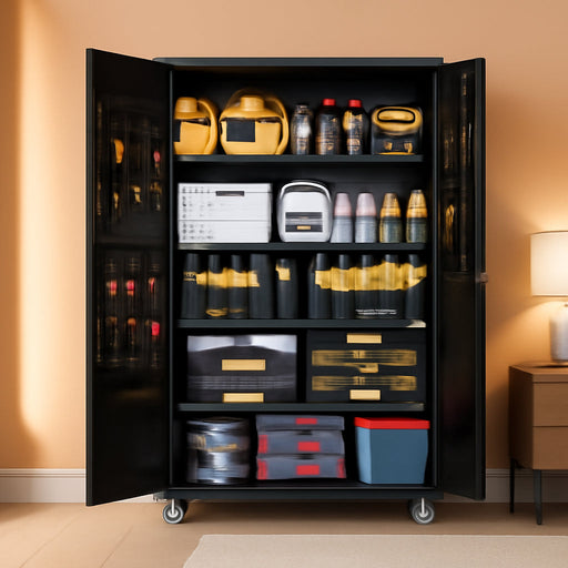 Black Metal Garage Storage Cabinet Pegboard Lockable