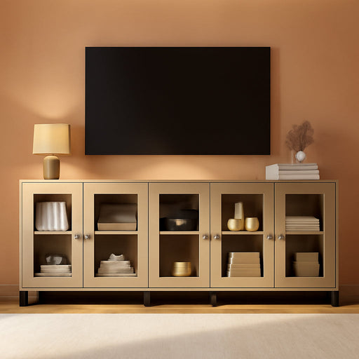 Modern TV Stand with Glass Doors for 110 Inch Tvs, 3 in 1 Entertainment Center Console with Adjustable Shelves and Metal Base for Living Room, Bedroom, Light Oak