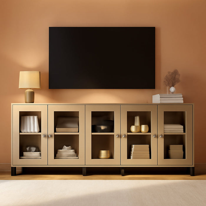 Modern TV Stand with Glass Doors for 110 Inch Tvs, 3 in 1 Entertainment Center Console with Adjustable Shelves and Metal Base for Living Room, Bedroom, Light Oak