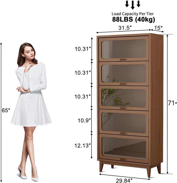 Solid Wood Bookcase with Tempered Glass Doors – Spacious 5-Tier Storage Shelf with Glass-Front Design, Flip-Top Hidden Doors for Apartments & Home Offices (72 Inches Tall)
