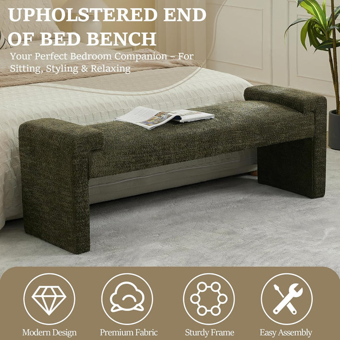 58.7" End of Bed Bench Upholstered Modern Bedroom Bench for Living Room & Entryway, Easy Assembly, Footrest Ottoman Accent Window Bench with Solid Wood Frame & Curved Arm, Green