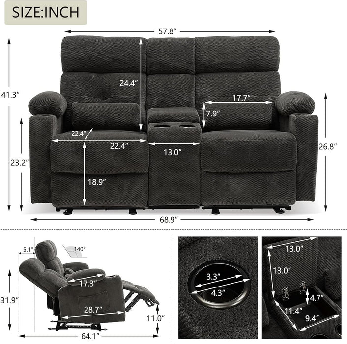 Power Reclining Loveseat with Console, Power Loveseat Recliner Sofa with Heat and Massage, Extended Footrest, Wall Hugger Recliners with Cup Holders, Lumbar Support for Living Room