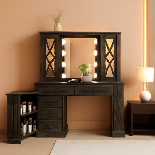 Farmhouse Makeup Vanity with Mirror & Lights, Large Vanity Desk with 5 Drawers & 9 Storage Shelves, Dressing Table with Jewelry Armoire, Vanity Gifts for Wife Girlfriends Women/Lady Girl (Brown)