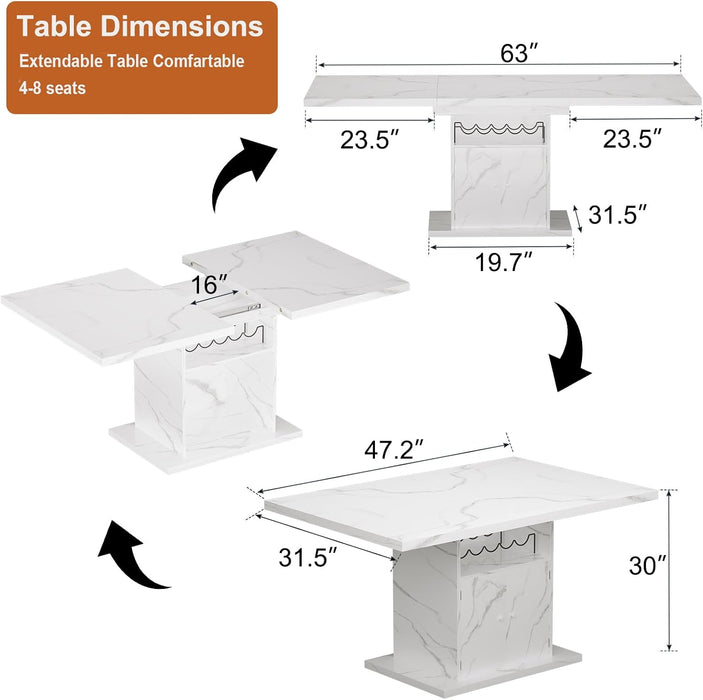 Extendable Dining Table for 4-6, 47-63 Inch Faux Marble Rectangle Kitchen Table with Storage Shelves and Wine Rack, Expandable Modern Rectangular Dinner Table for Kitchen, Dining Room, White