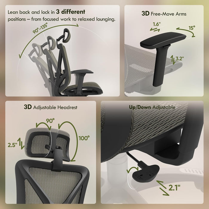 Ergonomic Office Chair with 3D Headrest, T23 High Back Mesh Desk Chair with Adjustment Lumbar Support & 3D Armrests, Chair, Big and Tall Swivel Computer Chair for Home Office, Gaming(Mocha)