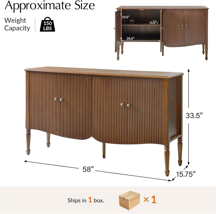 58" Fluted Sideboard Buffet Cabinet with Storage, Walnut
