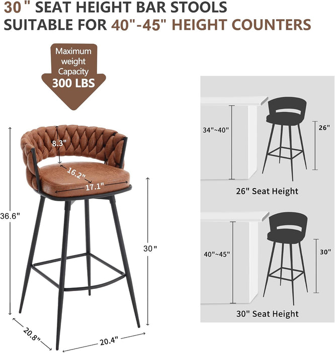 BV Bar Height Bar Stools Set of 2, 30 Inch Seat Height Bar Stools, 180° Swivel Barstools with Woven Back and Footrest, Suede Fabric Counter Stools for Kitchen Island, Bar Pub
