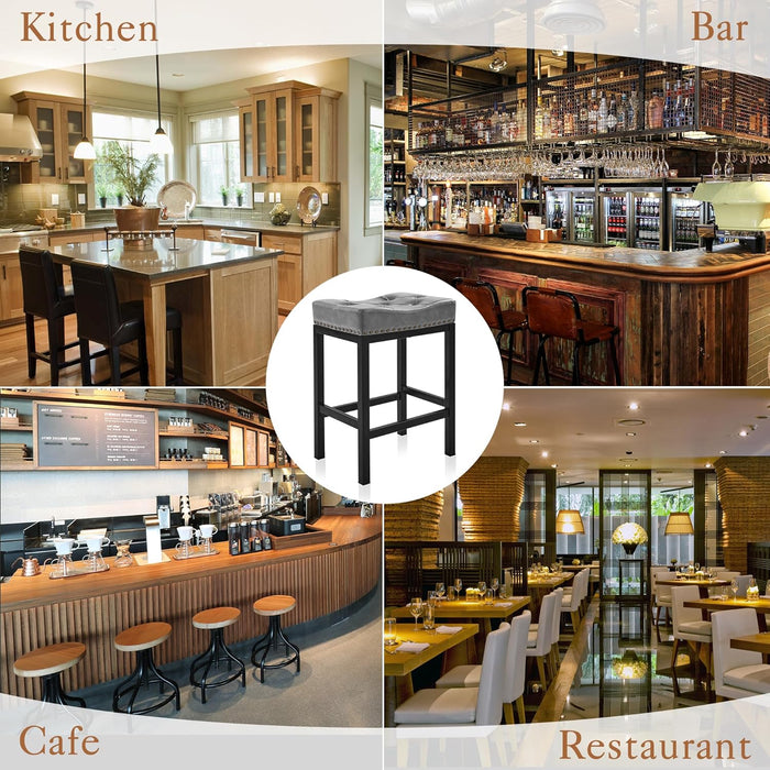 Bar Stools Set of 2, 24 Inch Saddle Backless Faux Leather Counter Height Stools with Black Metal Legs, Dark Gray