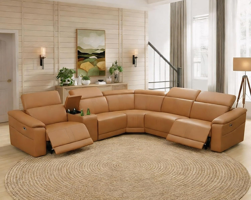 Breathing Leather Recliner Sectional Sofa, 5-Seat Power Reclining Sectional Couch with Adjustable Headrest&Storage Console, L Shaped Leather Couch for Living Room (Light Brown)