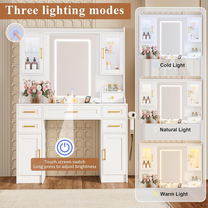 Large Vanity Desk with Mirror and Lights - 7 Drawers & 4 Cabinets Extra Storage Capacity, Makeup Vanity Table with 3-Color Adjustable LED for Bedroom (043 No Bench, 42.1 * 15.75 * 57.7In)