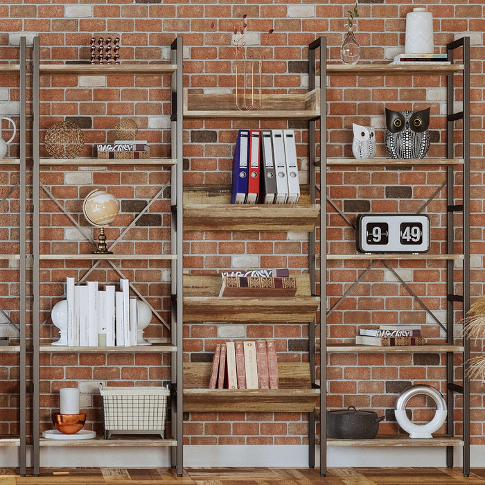 Bookshelf, 5-Tier Triple Wide Industrial Etagere with Baffles | 5-Tier Triple Wide Bookshelf, 72 8". 14 Baffled Shelves. Adjustable Center. Industrial MDF, Iron. 33 Lb per Shelf. Anti-Tip.