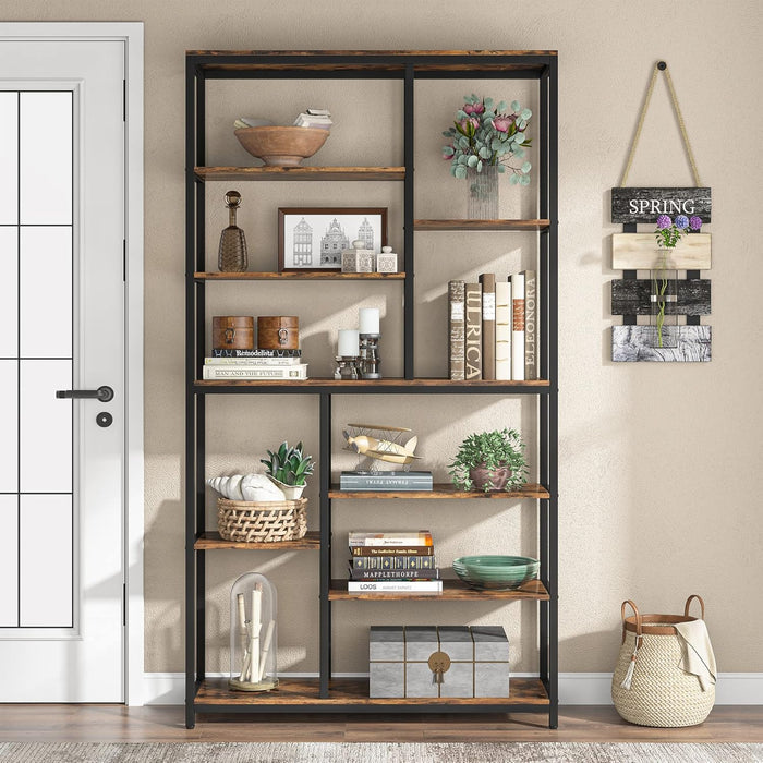 79 Inches Tall Bookshelf Bookcase, 8-Tier Staggered Bookcase, Modern Freestanding Open Book Shelves, Wide Wood Etagere Shelving Unit Display Shelf for Living Room