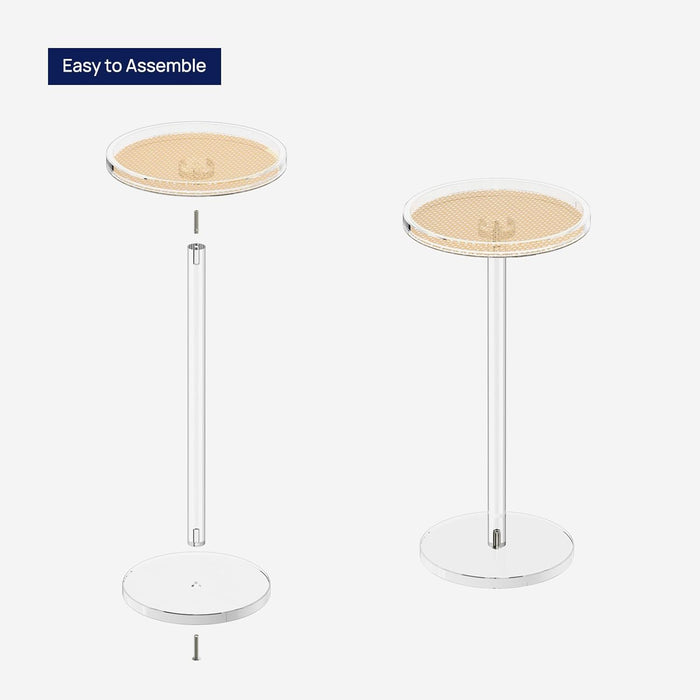Acrylic Rattan Drink Table for Small Spaces, 11.8'' L X 11.8'' L X 24'' H, round Coffee Martini Drink Side Table with Pedestal for Living Room, Corners, Sofa, Clear, Easy Assembly