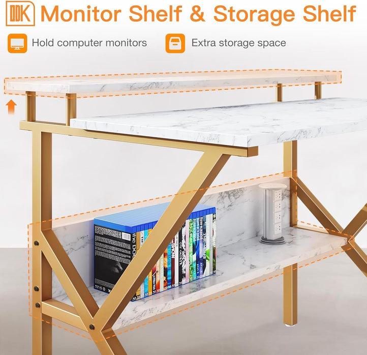 Small Desk, 27.5 Inch Small Computer Desk for Small Spaces, Compact Desk with Storage, Tiny Desk Study Desk with Monitor Stand for Home Office, White Marble + Gold Leg