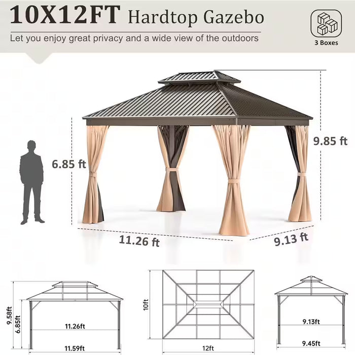 10 Ft. X 12 Ft. Hardtop Gazebo with Aluminum Frame, Galvanized Steel Double Roof Gazebo with Nettings and Curtains