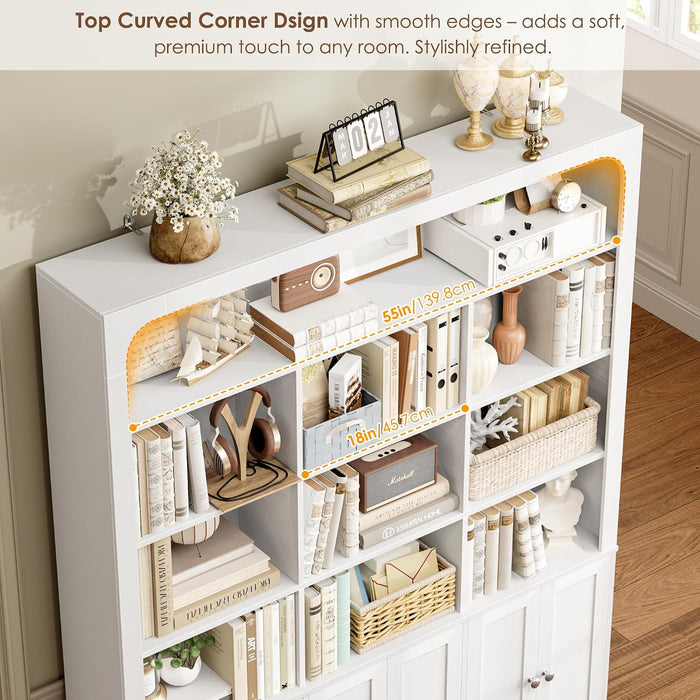 70.9" Bookcase Tall Bookshelf with Doors, Triple Wide Bookshelves | White Large Bookshelf with 10 Display Shelves, 6-Tier Tall Bookcases with Storage Cabinet, Adjustable Shelf, for Living Room