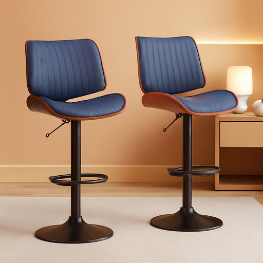 Swivel Bar Stools 2PCS, Adjustable Bentwood Barstools for Kitchen Counter | Modern PU Leather Upholstered Bar Chair with Back and Footrest, for Kitchen Island, Bar, Dining Room, Navy