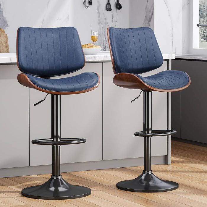 Swivel Bar Stools 2PCS, Adjustable Bentwood Barstools for Kitchen Counter | Modern PU Leather Upholstered Bar Chair with Back and Footrest, for Kitchen Island, Bar, Dining Room, Navy