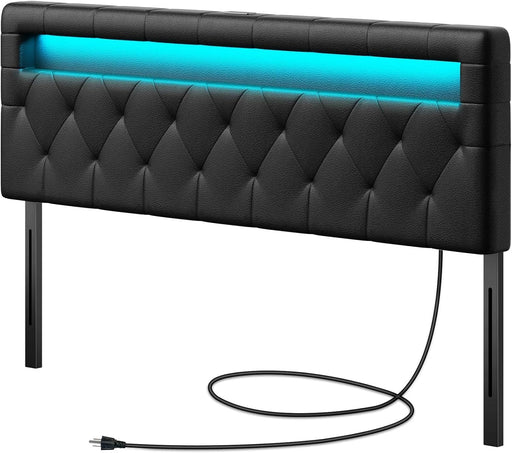 Headboard for Queen Size Bed with 60,000 DIY Color of LED Light, USB & Type C Post, Attach Frame, Height Adjustable, Black Wall Mounted Head Boards Only, Sturdy & Stable, Comfortable, Queen