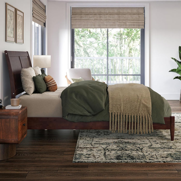 , Valencia Full Solid Wood Low Profile Sleigh Platform Bed, Walnut