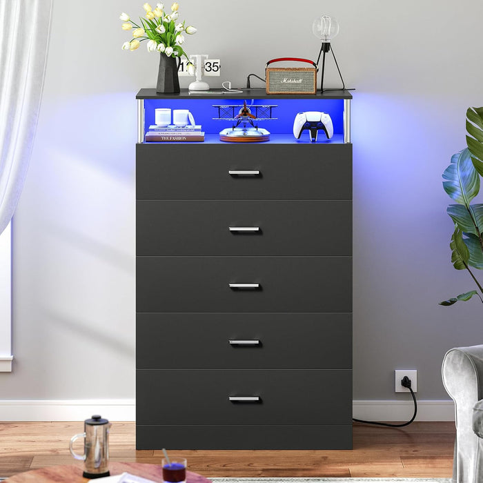 Black Dresser for Bedroom with Column Design & Charging Station, Led 5 Drawers Tall Dresser for Bedroom,Black