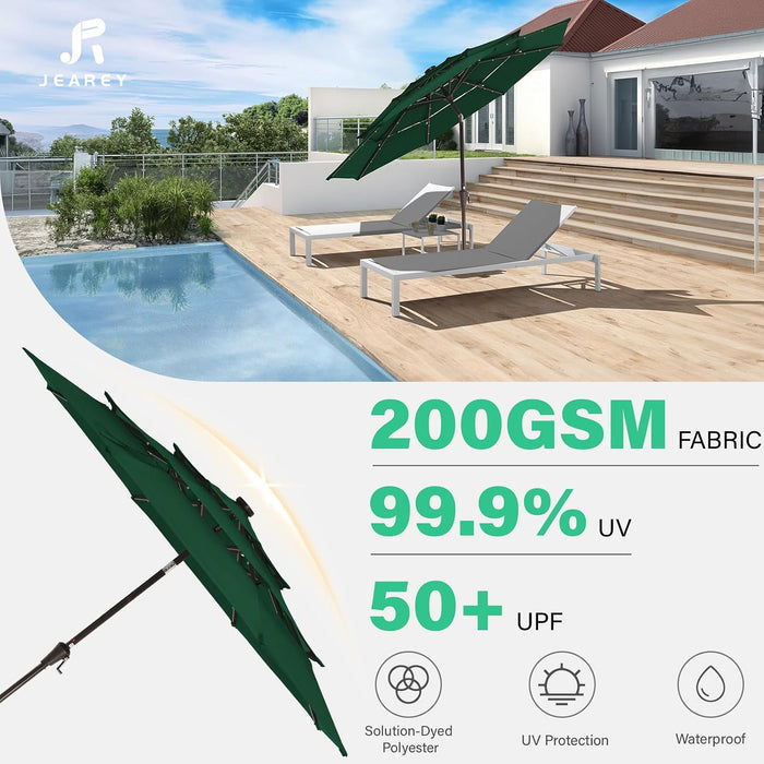 9 Ft 3-Tier Outdoor LED Lighted Patio Umbrella W/Crank, Dark Green