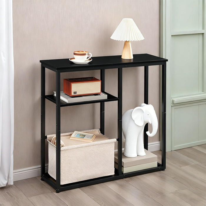 Narrow Console Table with Storage Basket, 29.5" Small Entryway Table with 3-Tier Storage Shelves, behind Couch Sofa Table, Hallway Table for Living Room, Black and Beige BB60XG01