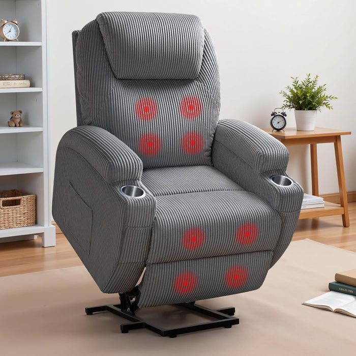 Power Lift Recliner Chair with Massage for Elderly Ergonomic Lounge Chair Classic Single Sofa with 2 Cup Holders Side Pockets Home Theater Seat (Corduroy, Dark Gray)